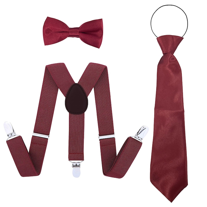 Set cravata/bretele/papion pentru copii, RDWESZOD, dimensiuni ajustabile, poliester/metal, Visiniu
