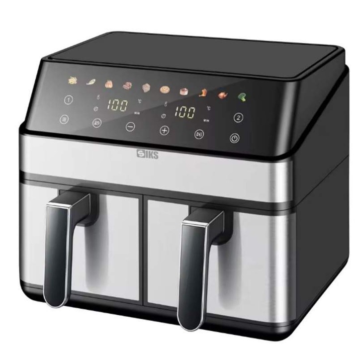 Friteuza Air Fryer Dubla SIKS, Functionare Cu Aer Cald, Fara Ulei, 8 Programe Automate, Capacitate 9L, Temperatura Ajustabila, Putere 2000 W, Tehnologie Smart Chef, Sertare Duble Cu Inox, Temperatura Maxima 200˚C, Pastrare la Cald, Negru/Inox