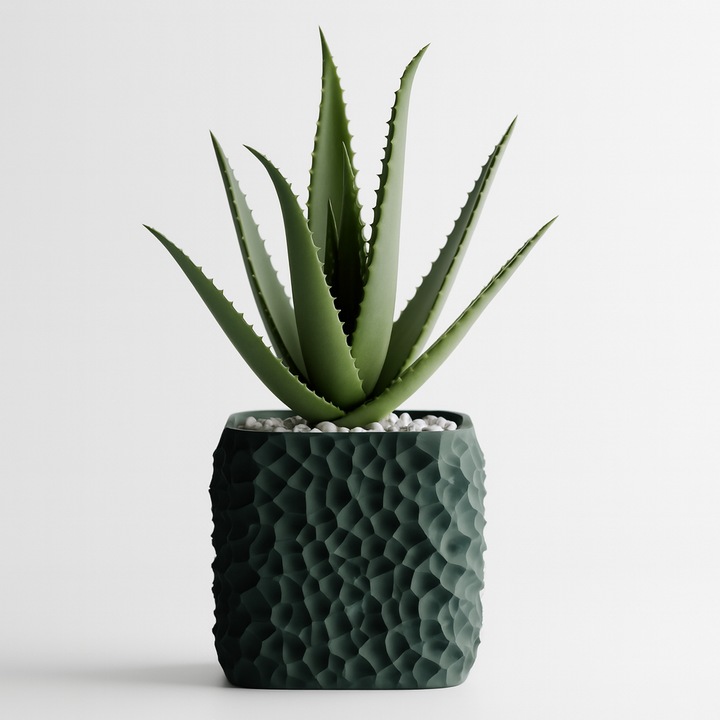 Ghiveci decorativ cu design geometric si abstract, culoare Obsidian Green, plastic PLA, diametru 14cm, inaltime 15cm