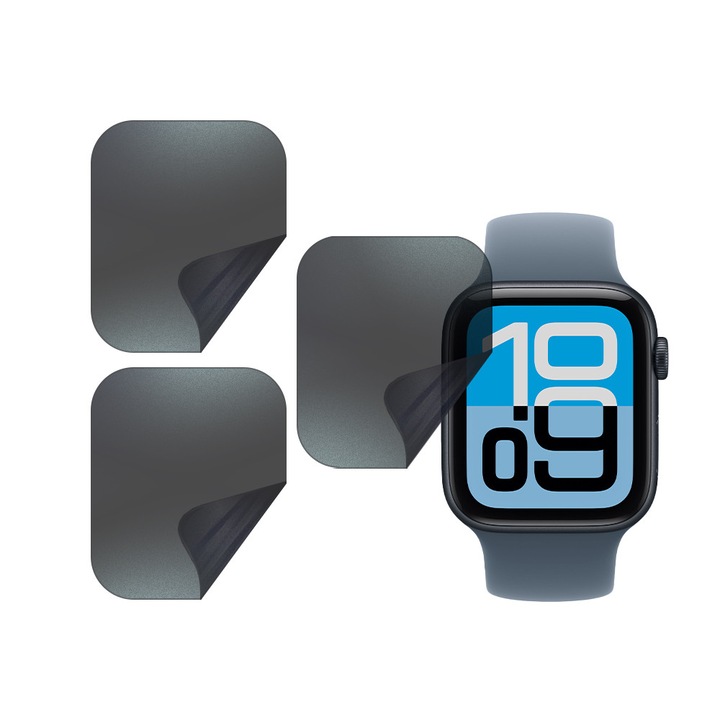 Set 3 x Folie de Protectie PRIVACY pentru Apple Watch SE 3 44mm, din Silicon Hydrogel Regenerabil, Flexible Hydro-Crystal, Instalare Usoara, Optim Full Protection, Negru