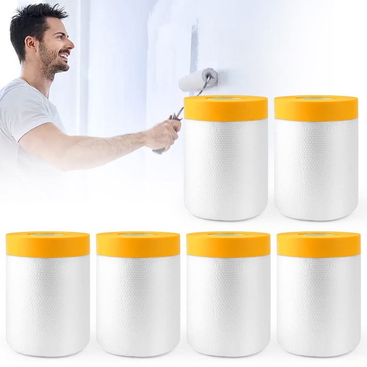 Set 6 Folie protectie cu banda adeziva, Ydene, Transparent, 20m, PE, Rezistent la rupere, Praf, Greutate redusa, Ecologic, Usor de utilizat, Pentru protectia picturii auto a mobilierului de perete