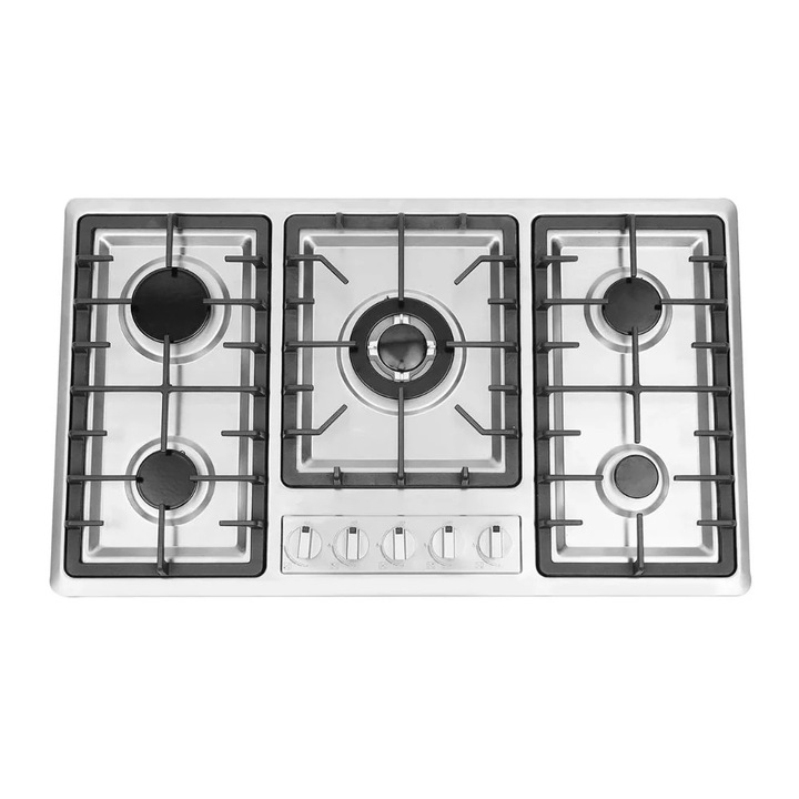 Gáztűzhely, 5 égőfej, rozsdamentes acél, beépíthető, világosszürke