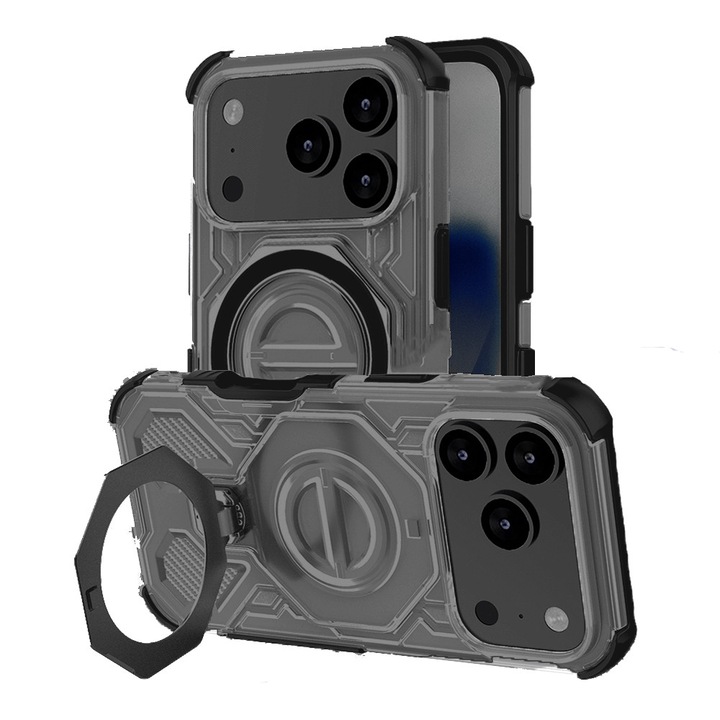 Калъф за Apple iPhone 17 Pro Max, IronShield Defense, Противоударен, Въздушни възглавници, Въртящ се на 360 градуса пръстен, Съвместим с магнитни стойки, Стабилен захват, Против надраскване, Сив