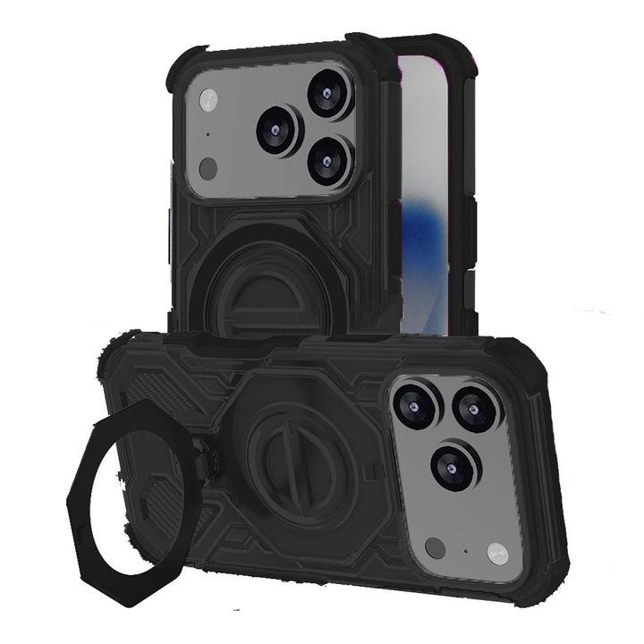 Калъф за Apple iPhone 17 Pro Max, IronShield Defense, Противоударен, Въздушни възглавници, Въртящ се на 360 градуса пръстен, Съвместим с магнитни стойки, Здрав захват, Против надраскване, Черен