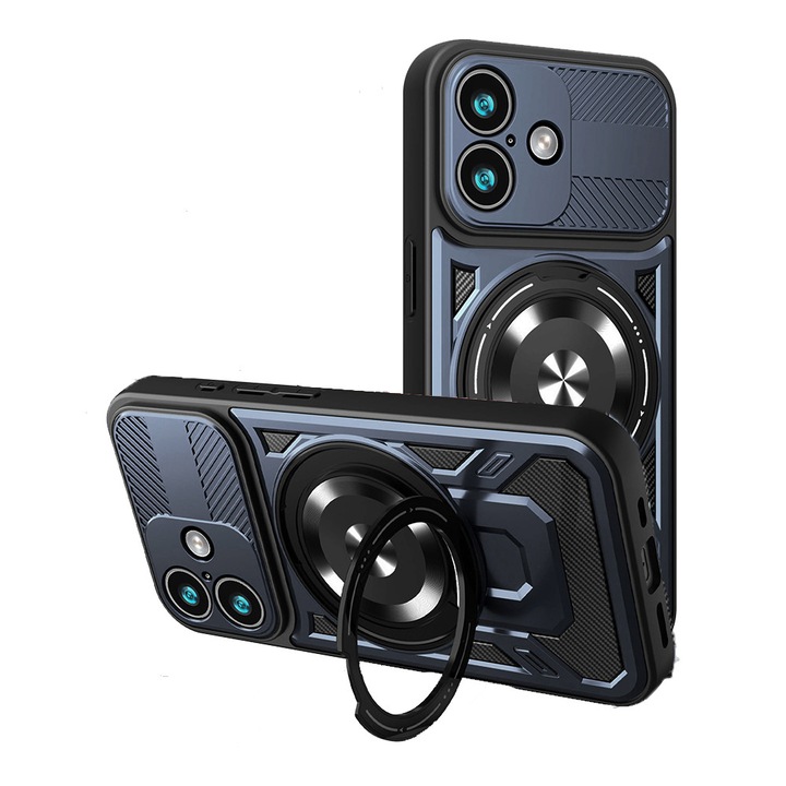 Husa pentru Apple iPhone 17, ShadowGrid Armor, Incarcare MagSafe, Textura Anti-Alunecare, Structura Multi-Strat, Margini Ridicate, Decupaje Precise, Inel Magnetic, Protectie Camera, Stand Integrat, Anti-Soc, Albastru