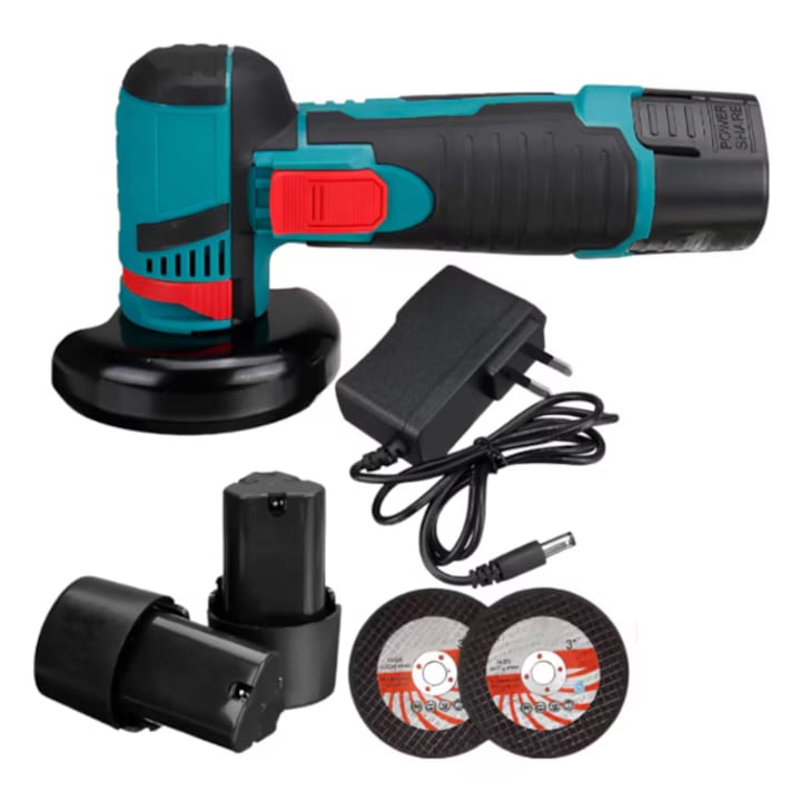 Mini Flex Electric Portabil Cu Acumulator, Polizor Unghiular Cu Disc 76 MM, Design Compact, Autonomie Mare, 750W, 2 Acumulatori de 12V, 1500 mAh, 19500 rpm, Functie Soft Start, Albastru / Negru