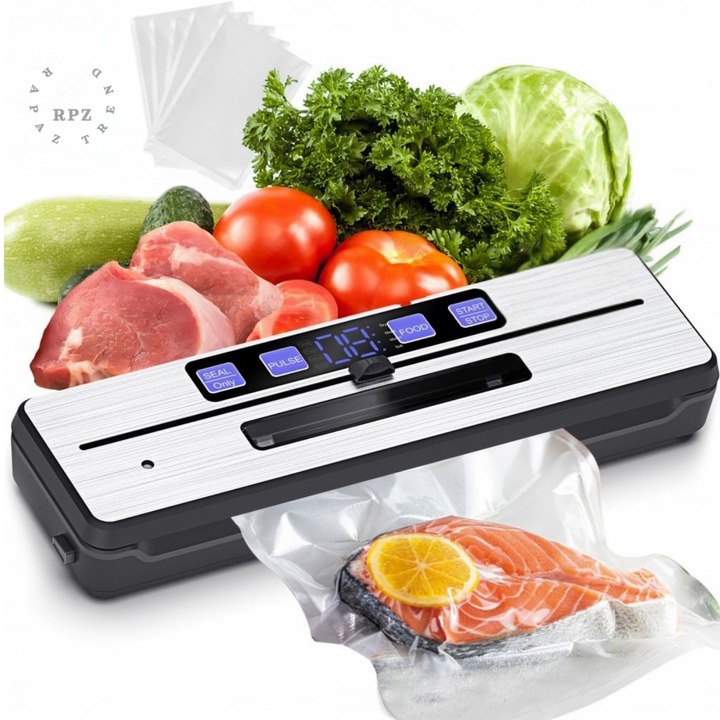 Уред за вакуумиране и запечатване на храни GastroSeal PRO, двойна запечатваща лента 30 см, 115W, 70Kpa, 6 функции за вакуумиране, мокро, сухо, деликатно, вграден нож, включени 10 торбички, Черен/Инокс