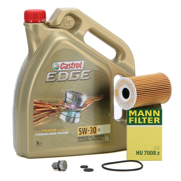 Set Ulei Motor Castrol 5L + Filtru Ulei Mann + Buson Golire Baie Ulei Oe Vw, Skoda, Audi, Seat