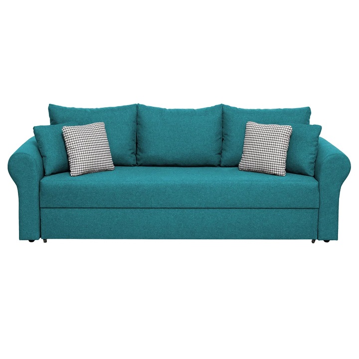 Canapea extensibila Expomob SARA II, 3 locuri, cu lada depozitare, dimensiune 235x90x75 cm, culoare turcoaz + print MZ mini bleu