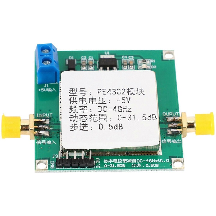 Modul atenuator digital PE4302, 0-31.5dB, 0.5dB, 50 ohmi, verde