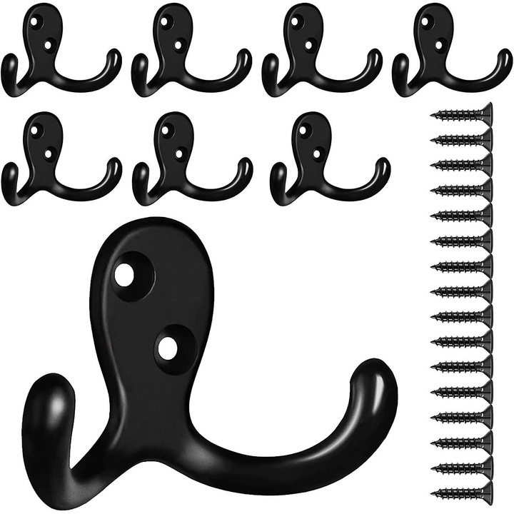 Set de 8 cuiere pentru haine, suporturi de perete cu 16 suruburi, design elegant, negru, 50x35mm