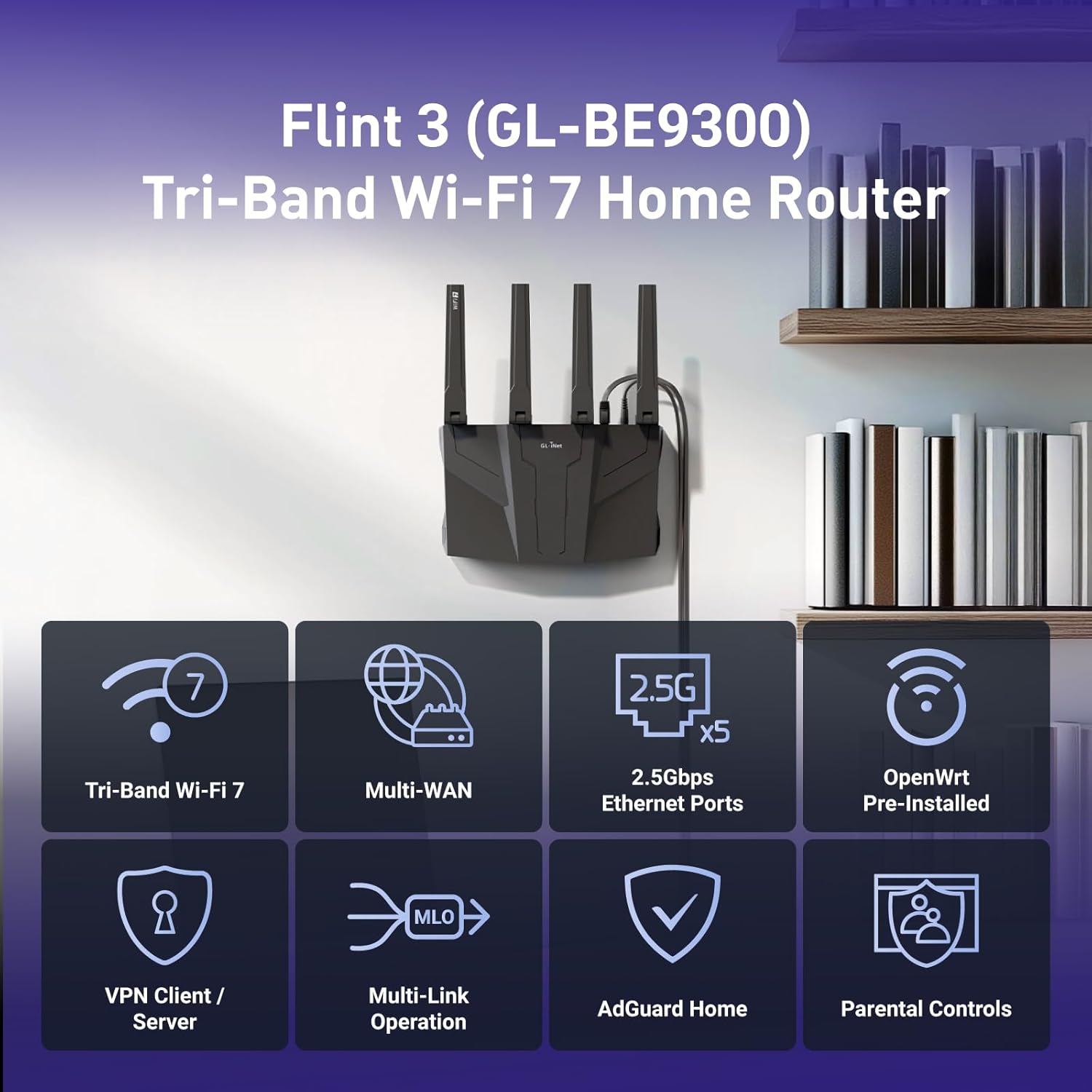 Router Wireless Gigabit Tri-Band, GL.iNet Flint 3, WiFi 7, 5