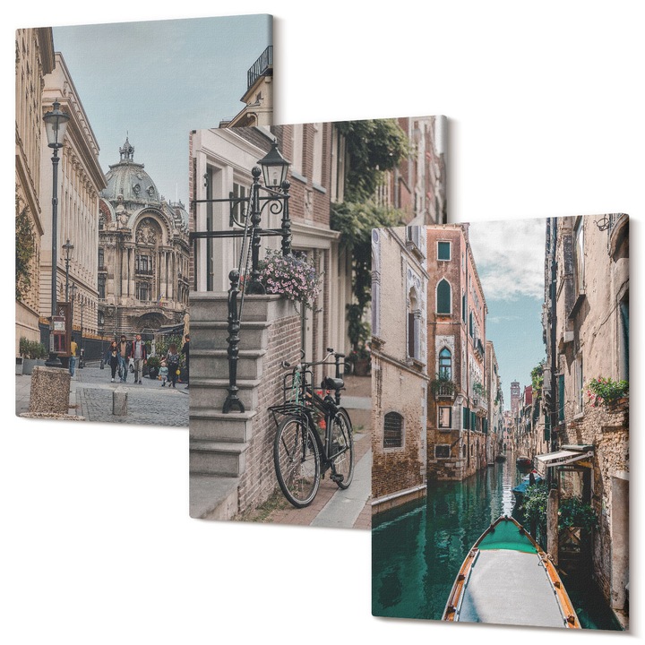 Set Tablou 3 Piese Triptic, Wallfluent, Strazile de apa ale Venetiei, 3 piese, 3x20x30 cm, Decorativ, Modern, 040030010470000286840