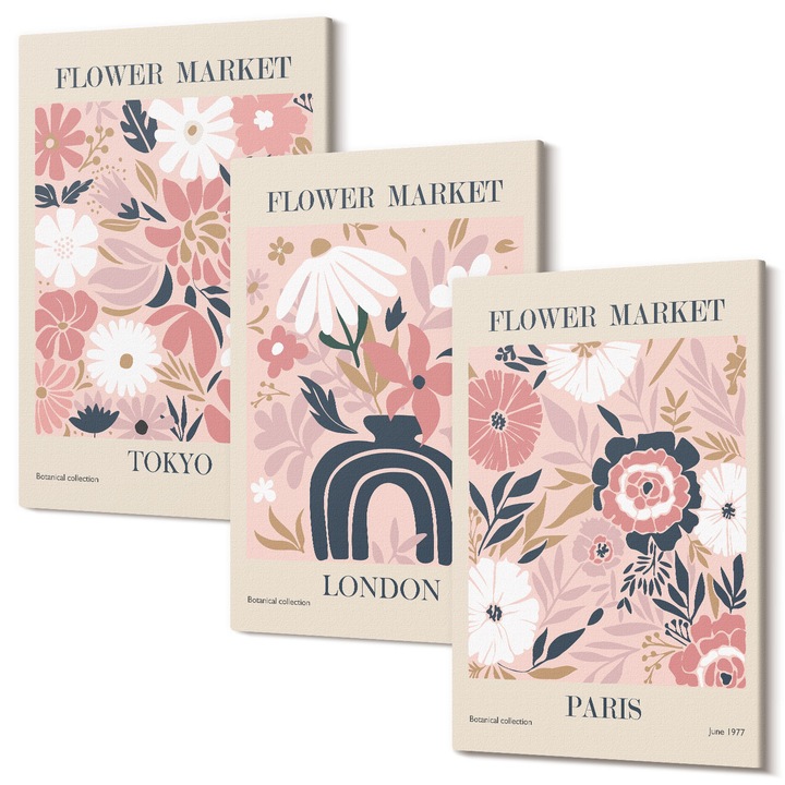 Set Tablouri Polycanvas, Wallfluent, Motive florale Tokyo Londra Paris, 3 piese, 3x40x60 cm, Decorativ, Modern, 040030010480000286955