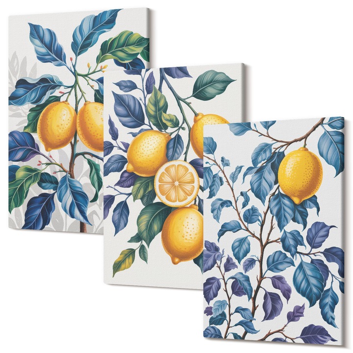 Picturi pe panza triptic pentru living, Wallfluent, Ramuri de lamaie frunze albastre, 3 piese, 3x20x30 cm, Decorativ, Modern, 040030010470000286930