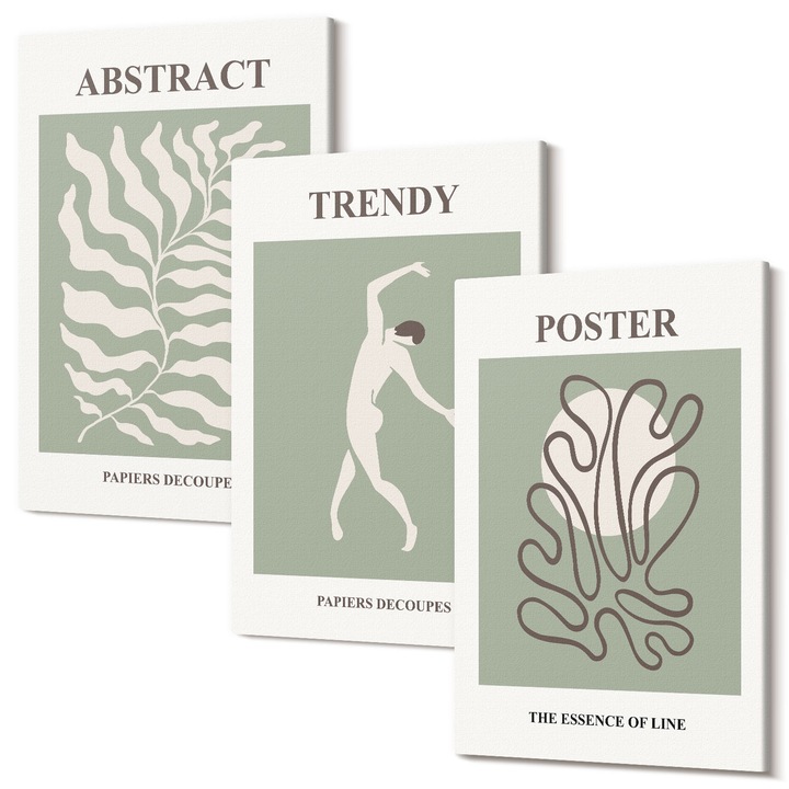 Set Tablou 3 Piese Triptic, Wallfluent, Modelele de plante verzi ale lui Matisse, 3 piese, 3x40x60 cm, Decorativ, Modern, 040030010480000286987