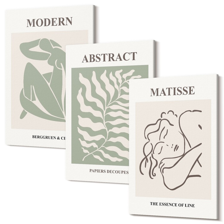 Decor perete tablouri, Wallfluent, Tablouri verzi elegante cu personaje, 3 piese, 3x40x60 cm, Decorativ, Modern, 040030010480000286985