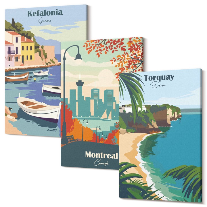 Set Tablou 3 Piese Triptic, Wallfluent, Peisaje urbane din Grecia, Canada, Australia, 3 piese, 3x20x30 cm, Decorativ, Modern, 040030010470000287022