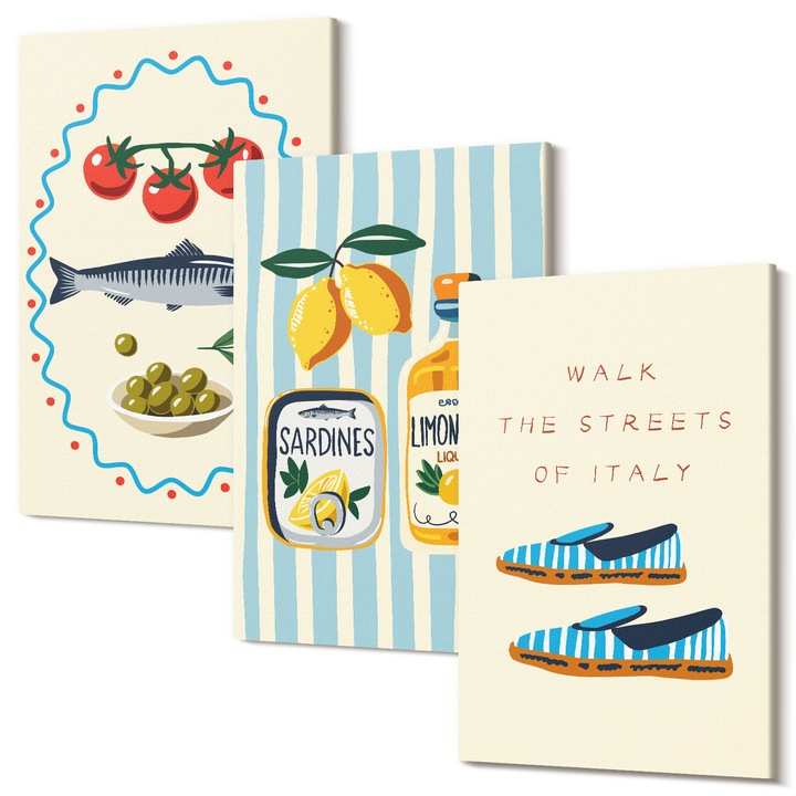 Set Tablou Canvas, Wallfluent, Imagini de stil de viata cu arome italiene, 3 piese, 3x20x30 cm, Decorativ, Modern, 040030010470000287009