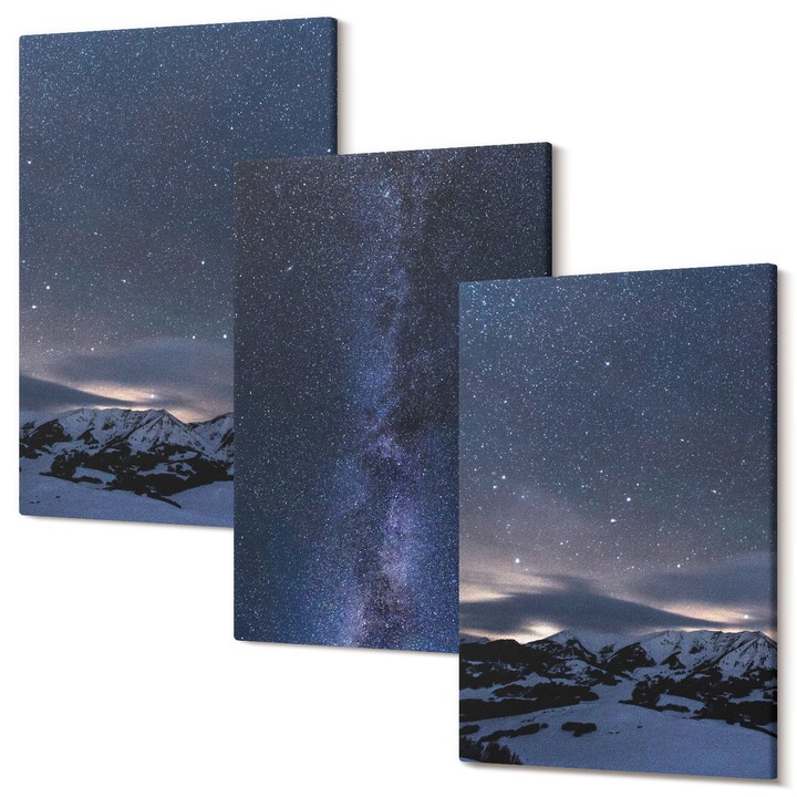 Set Tablou 3 Piese Triptic, Wallfluent, Cerul noptii munti stele, 3 piese, 3x20x30 cm, Decorativ, Modern, 040030010470000287078