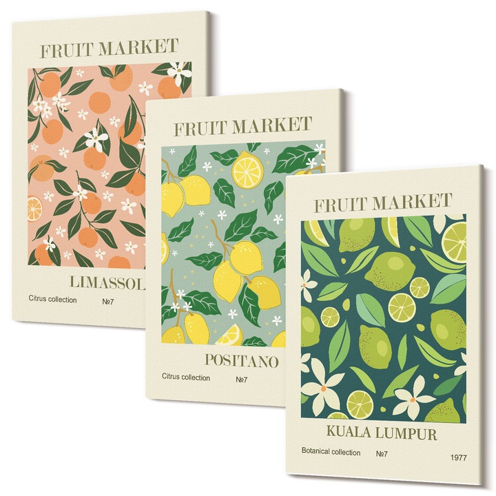 Tablou multicanvas, Tulup, Modele de fructe cu citrice si flori vintage, 3 piese, 3x40x60 cm, Calitativ, Tablou din mai multe piese, Estetic, Pentru interior, Tablou Dormitor, 040030010480000287018