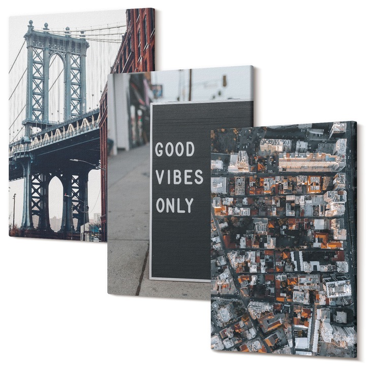 Picturi pe panza triptic pentru living, Wallfluent, Podul inscriptiilor orasului vedere pasari, 3 piese, 3x20x30 cm, Decorativ, Modern, 040030010470000286769