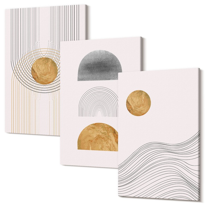 Picturi pe panza triptic pentru living, Wallfluent, Forme abstracte bej si gri, 3 piese, 3x40x60 cm, Decorativ, Modern, 040030010480000287049