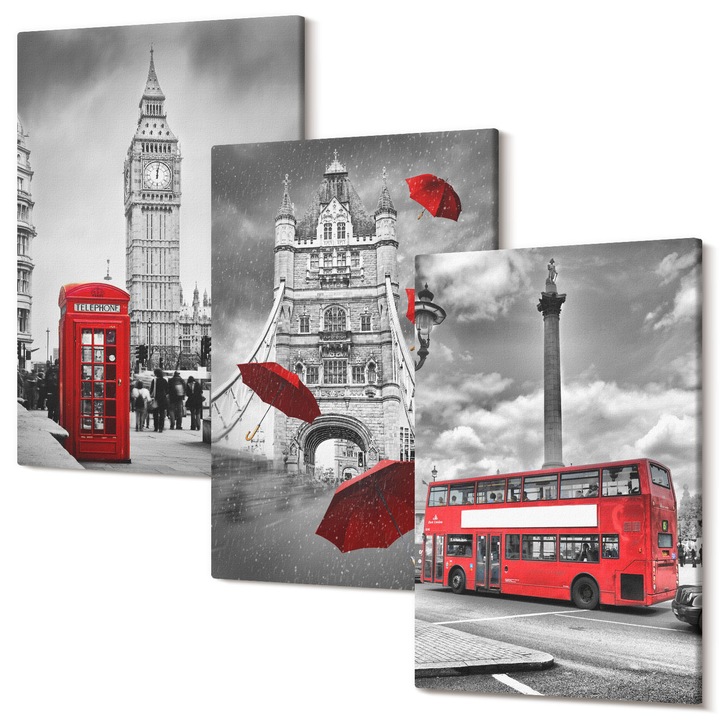 Set Tablouri Canvas decor interior, Wallfluent, Cabina rosie cu umbrele si autobuz din Londra, 3 piese, 3x20x30 cm, Decorativ, Modern, 040030010470000287101