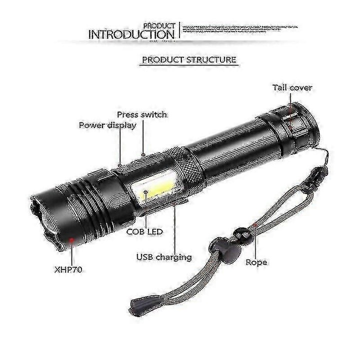 LED taktikai zseblámpa, 1000000 lumen, tartós kialakítás, újratölthető, többféle világítási mód, fekete