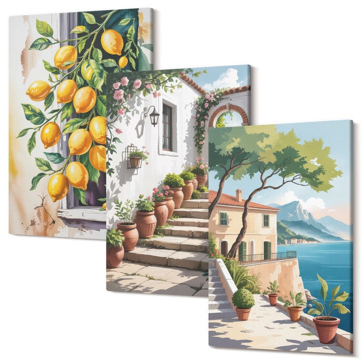 Set Tablou 3 Piese Triptic, Wallfluent, Lamai, flori, vedere la mare, 3 piese, 3x40x60 cm, Decorativ, Modern, 040030010480000286875