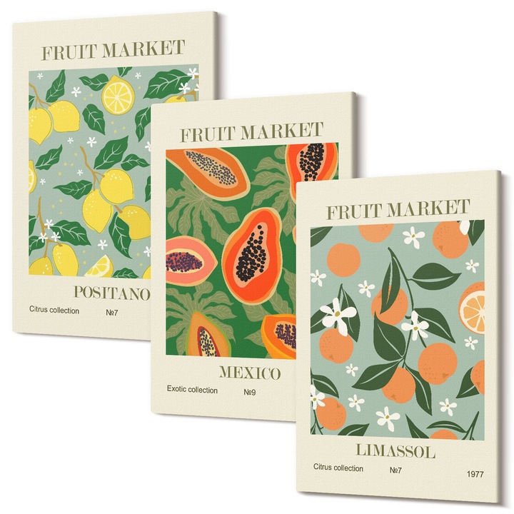 Tablouri modulare perete, Wallfluent, Afise cu fructe lamai papaya, 3 piese, 3x40x60 cm, Decorativ, Modern, 040030010480000287019