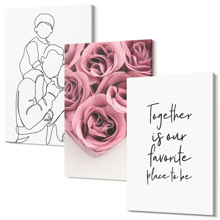 Picturi pe panza triptic pentru living, Wallfluent, Buchete de trandafiri cu arta in linie de familie, 3 piese, 3x20x30 cm, Decorativ, Modern, 040030010470000287175