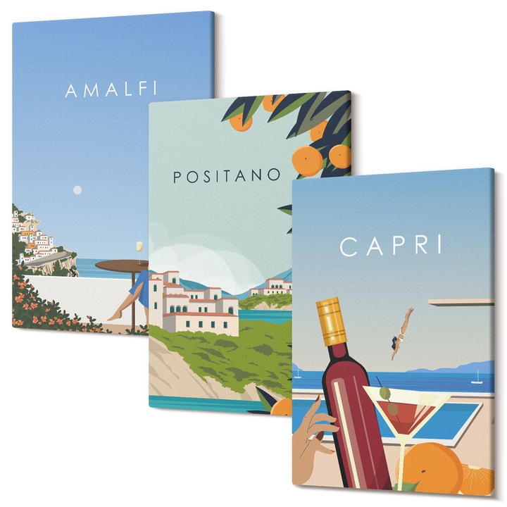 Set Tablouri Polycanvas, Wallfluent, Amalfi Positano si Capri, 3 piese, 3x40x60 cm, Decorativ, Modern, 040030010480000287011