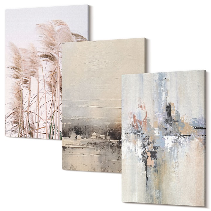 Set Tablouri Polycanvas, Wallfluent, Modele abstracte de vegetatie, 3 piese, 3x40x60 cm, Decorativ, Modern, 040030010480000287193