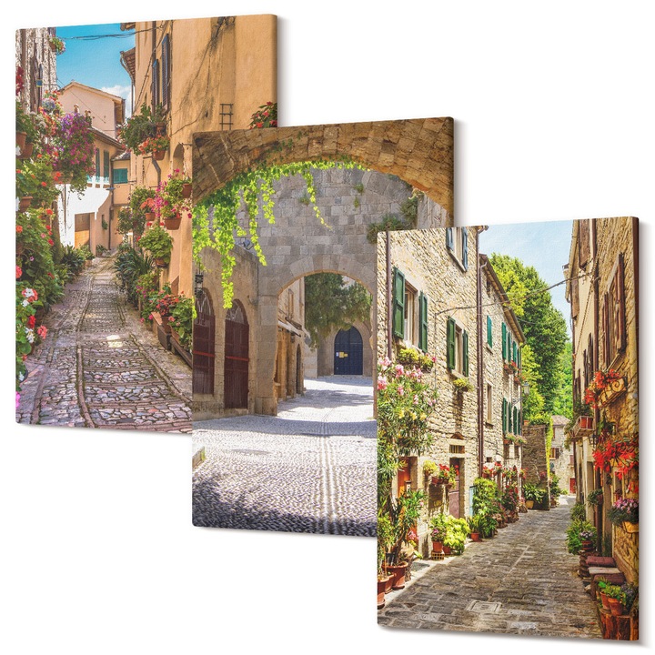 Set tablouri multicanvas Tulup Triptic, străzi italiene cu flori, 3 piese, 20x30cm