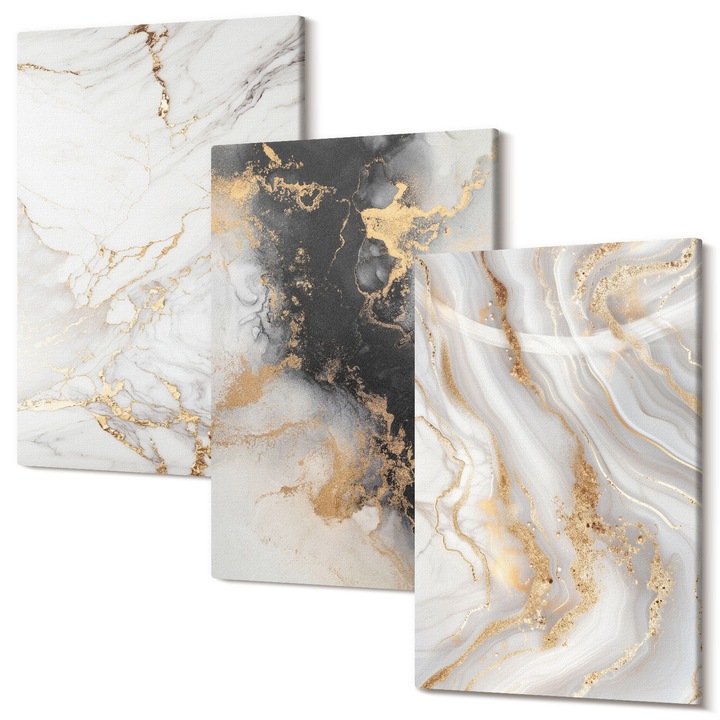 Set Tablou 3 Piese Triptic, Wallfluent, Modele abstracte alb-negru, 3 piese, 3x20x30 cm, Decorativ, Modern, 040030010470000286679