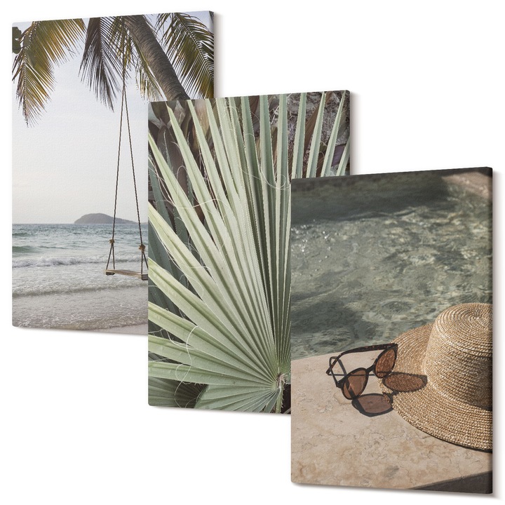 Picturi pe panza triptic pentru living, Wallfluent, Vacanta de leagan pe plaja, 3 piese, 3x40x60 cm, Decorativ, Modern, 040030010480000287217