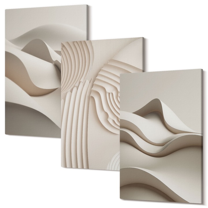 Picturi pe panza triptic pentru living, Wallfluent, Valuri bej abstracte, 3 piese, 3x40x60 cm, Decorativ, Modern, 040030010480000287238