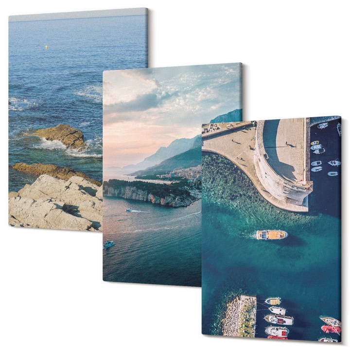 Set Tablouri Canvas decor interior, Wallfluent, Vederi la mare, stanci, porturi, 3 piese, 3x20x30 cm, Decorativ, Modern, 040030010470000287122