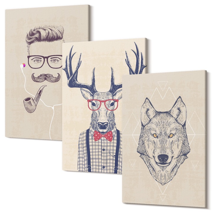 Picturi pe panza triptic pentru living, Wallfluent, Portrete elegante de animale, 3 piese, 3x20x30 cm, Decorativ, Modern, 040030010470000287098