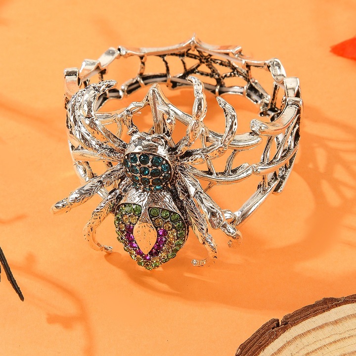 Bratara elastica din aliaj de zinc cu strasuri si motiv de paianjen, in stil punk, culoare