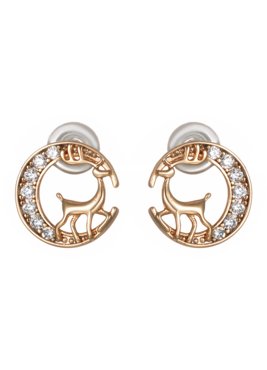 Cercei de Craciun cu reni si luna, placati cu aur, cu zirconiu