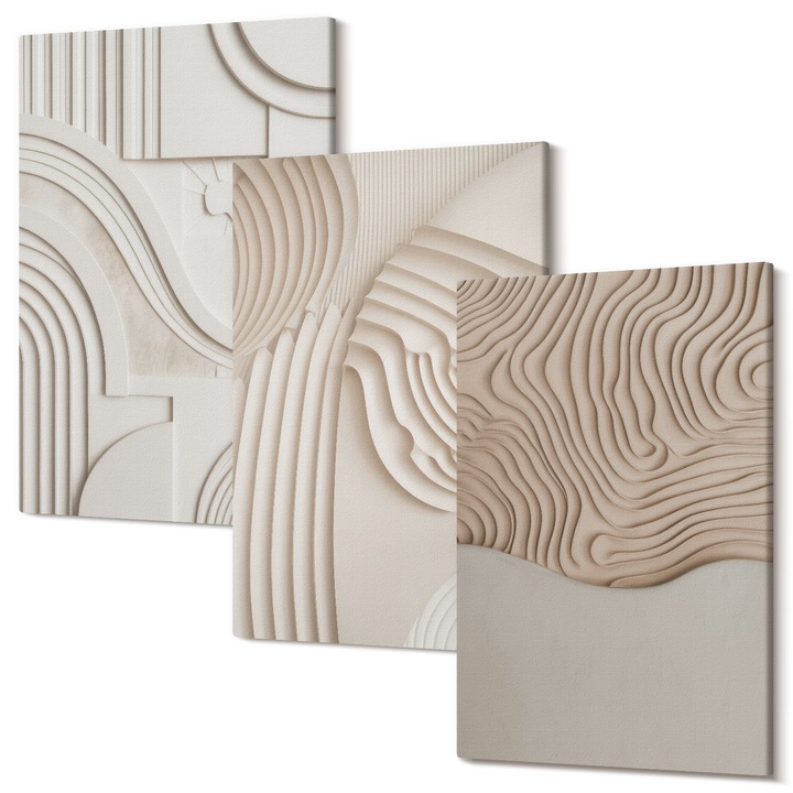 Set Tablou Canvas, Wallfluent, Modele abstracte alb bej, 3 piese, 3x40x60 cm, Decorativ, Modern, 040030010480000287233