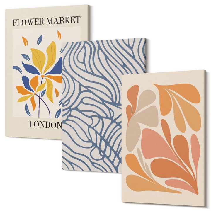 Set Tablou 3 Piese Triptic, Wallfluent, Flori abstracte moderne, 3 piese, 3x40x60 cm, Decorativ, Modern, 040030010480000287274