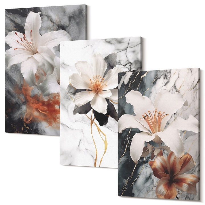 Set Tablouri Polycanvas, Wallfluent, Flori marmura alb negru, 3 piese, 3x40x60 cm, Decorativ, Modern, 040030010480000286696