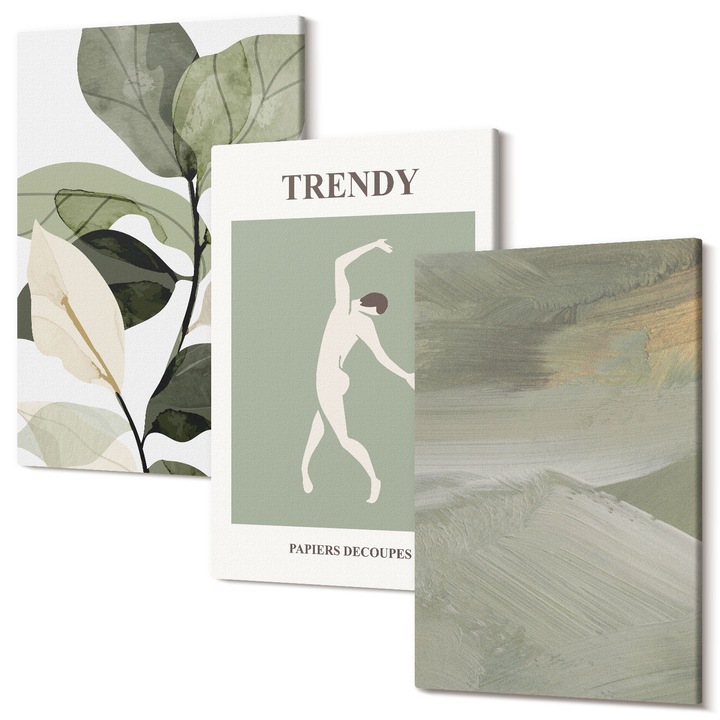 Set Tablouri Polycanvas, Wallfluent, Modele abstracte pentru silueta plantelor, 3 piese, 3x40x60 cm, Decorativ, Modern, 040030010480000287291