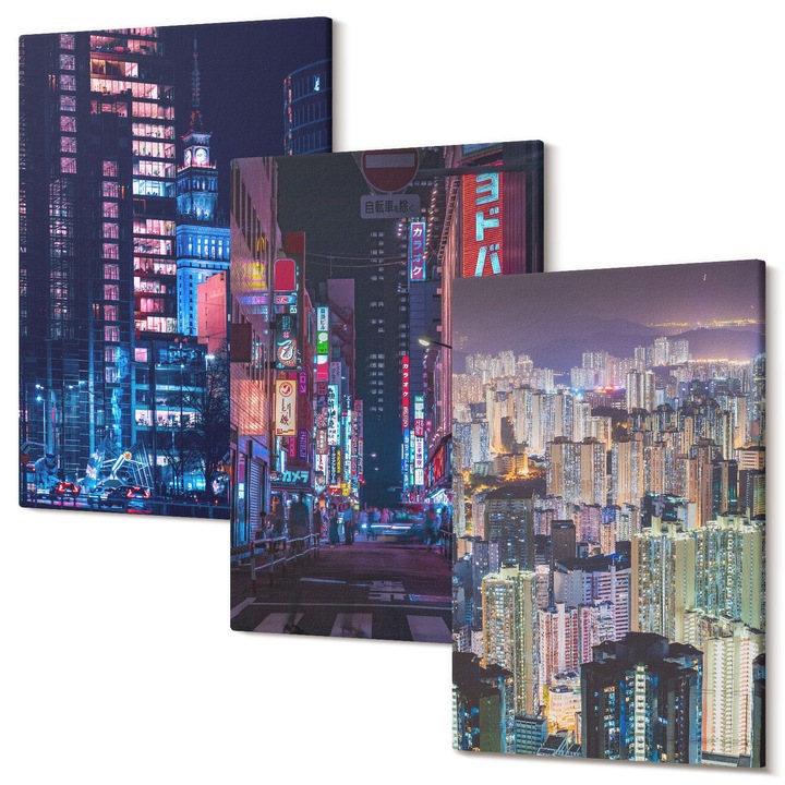 Picturi pe panza triptic pentru living, Wallfluent, Lumini de neon pentru oras de noapte, 3 piese, 3x20x30 cm, Decorativ, Modern, 040030010470000286797