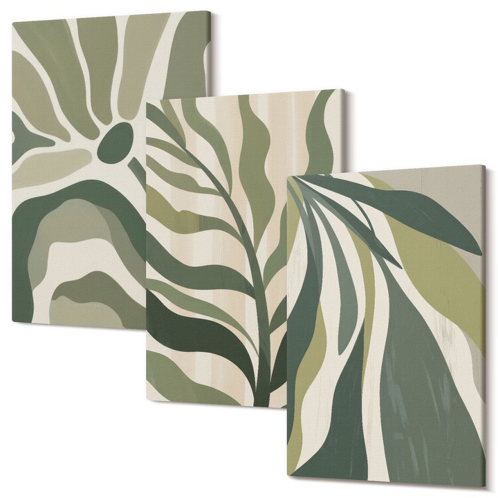 Set Tablou 3 Piese Triptic, Wallfluent, Ilustratii pictate cu frunze verzi, 3 piese, 3x20x30 cm, Decorativ, Modern, 040030010470000287239