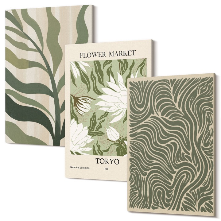 Tablouri modulare perete, Wallfluent, Modele de plante decoratiuni boho, 3 piese, 3x40x60 cm, Decorativ, Modern, 040030010480000287278