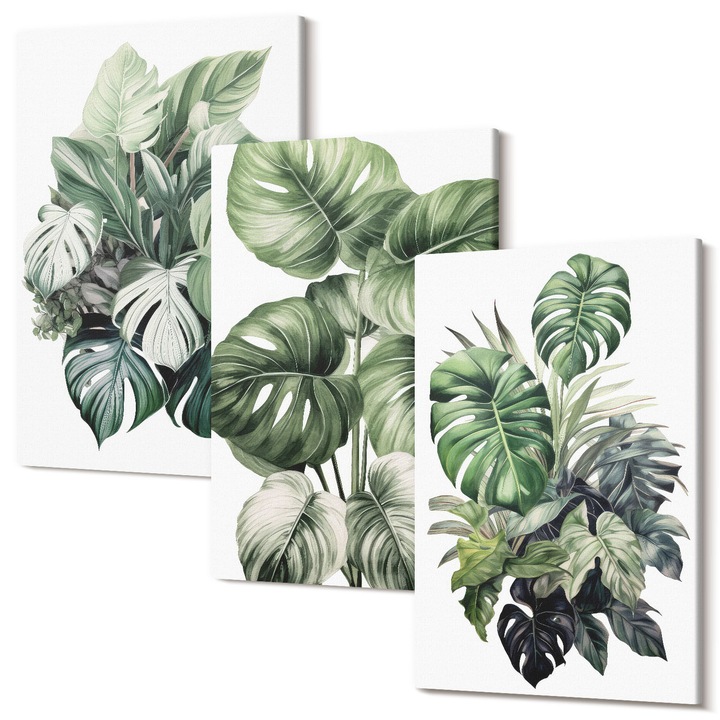Set Tablouri Polycanvas, Wallfluent, Acuarela cu frunze tropicale verzi, 3 piese, 3x20x30 cm, Decorativ, Modern, 040030010470000286794
